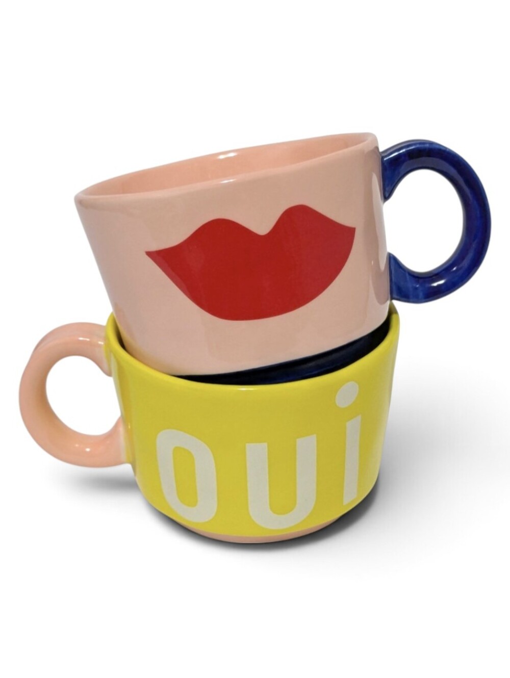 Anthropologie Clare V. Mug Set Yellow Pink MAISONETTE RED LIPS & OUI Coffee Cups